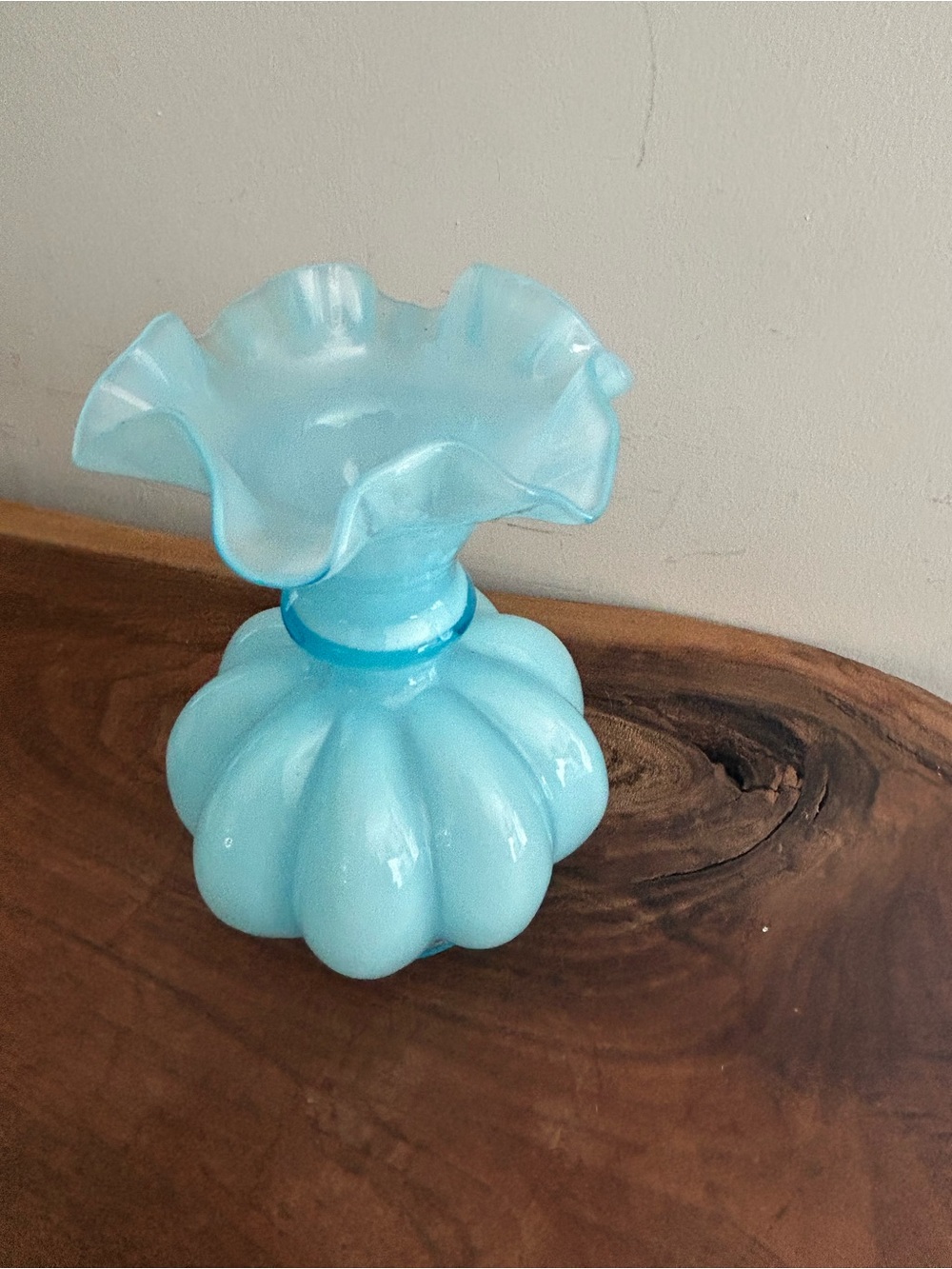 Vintage Fenton Blue Overlay Melon Art Glass Vase with Ruffled Rim 5.75" Tall